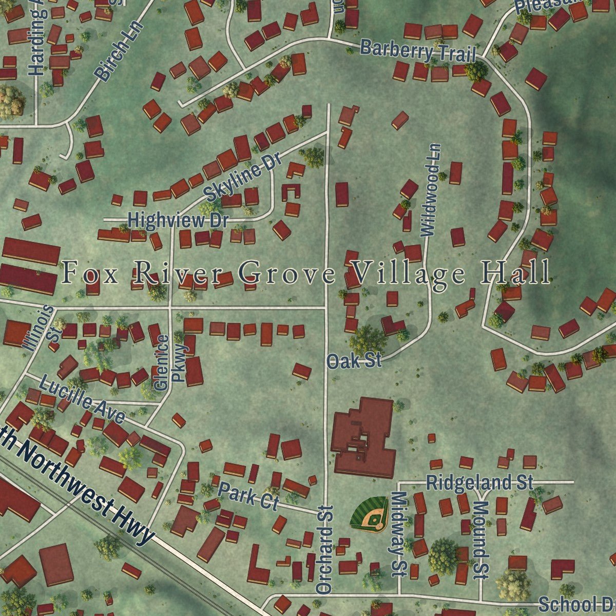 Second close-up of the map of Fox River Grove, Illinois print showing more streets and buildings