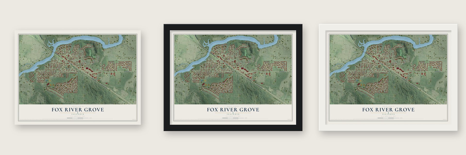 Fox River Grove, Illinois map unframed, in a black wood frame and in a white wood frame