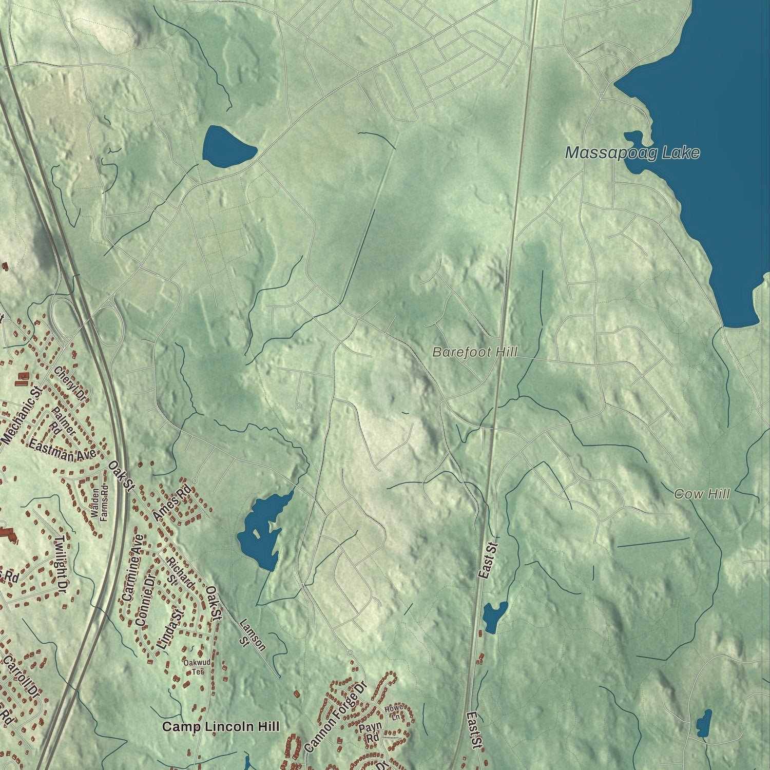 Close-up of the map of Foxborough, Massachusetts print showing terrain and local geography