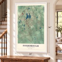 Foxborough, Massachusetts map, 24 x 36 inch print in a white frame by a staircase