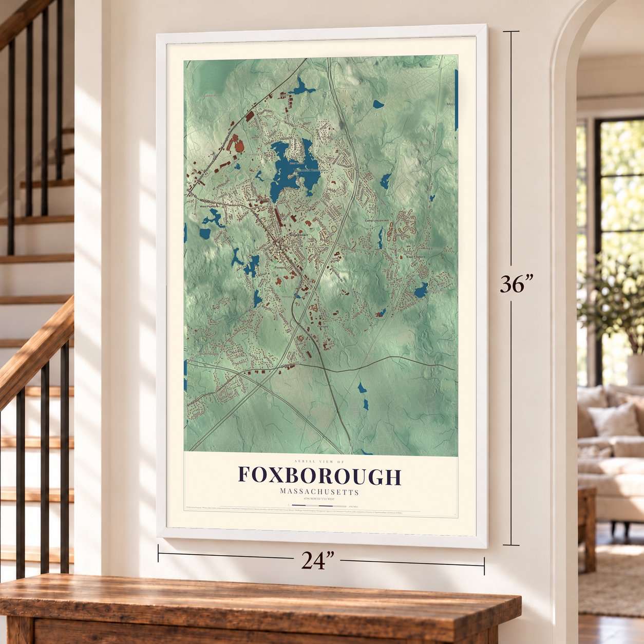 Foxborough, Massachusetts map, 24 x 36 inch print in a white frame by a staircase