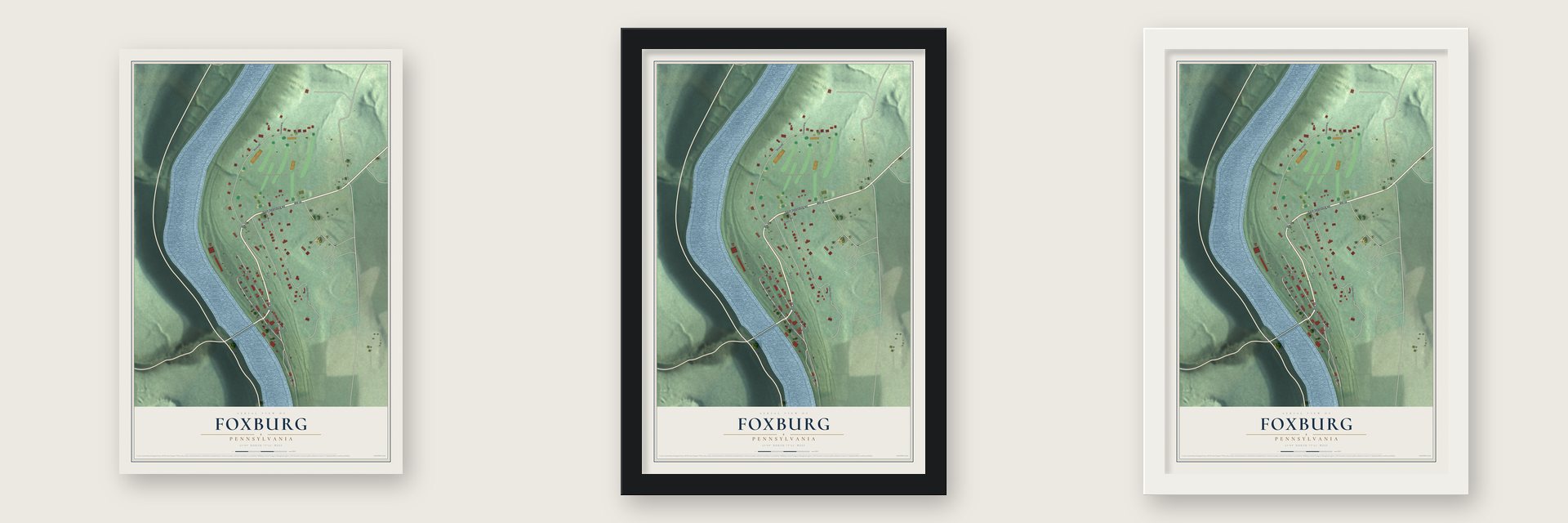 Foxburg, Pennsylvania map unframed, in a black wood frame and in a white wood frame