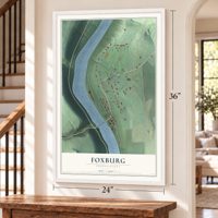 Foxburg, Pennsylvania map, 24 x 36 inch print in a white frame by a staircase