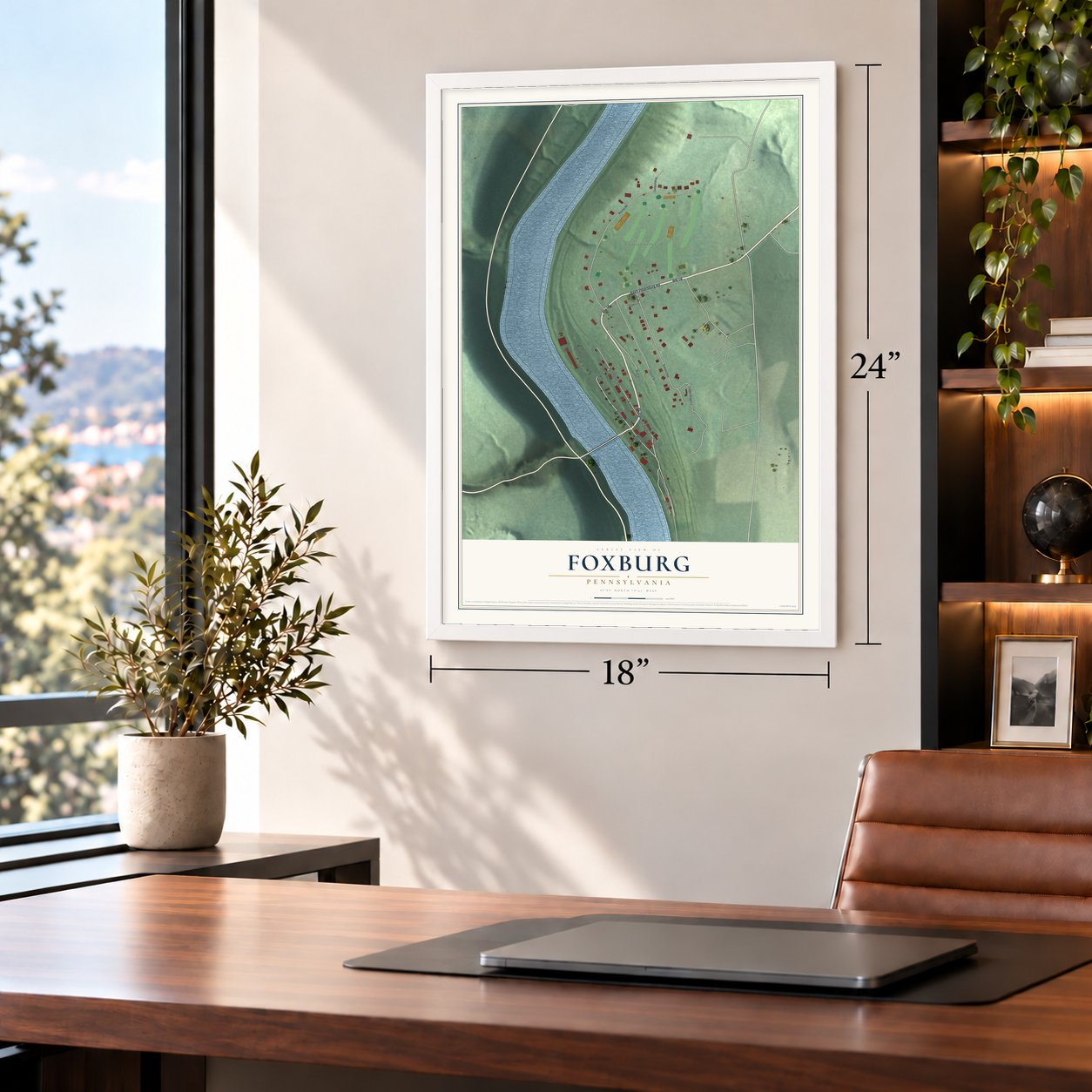 Foxburg, Pennsylvania map, 18 x 24 inch print in a white frame in a home office