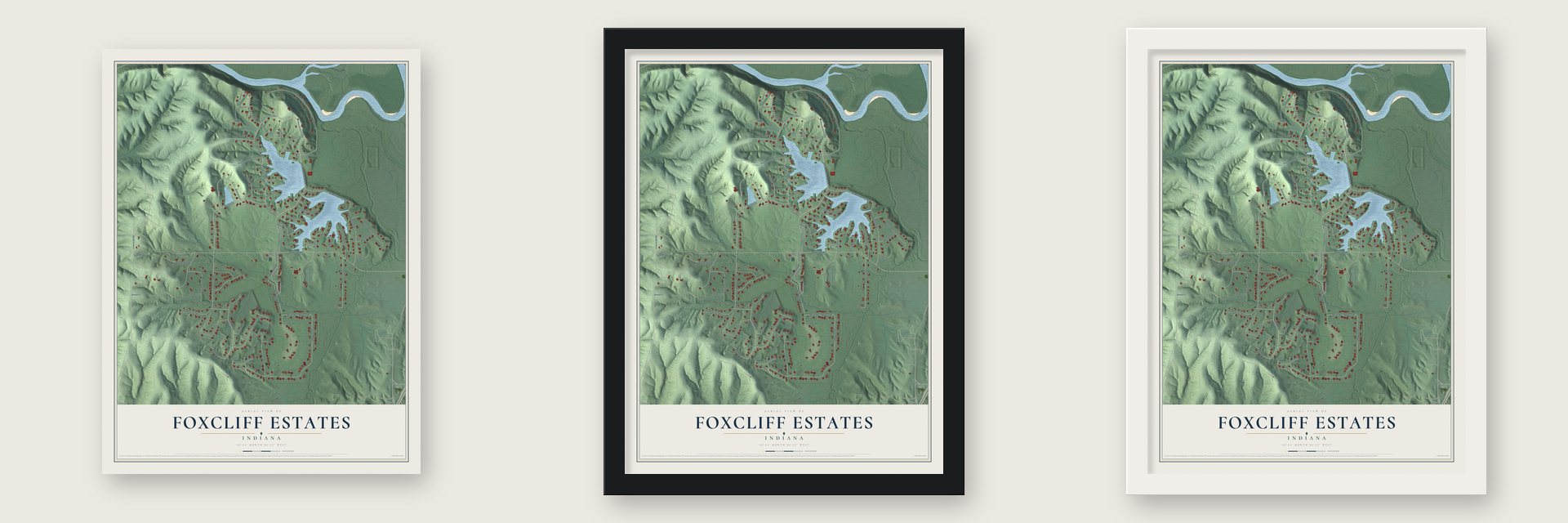 Foxcliff Estates, Indiana map unframed, in a black wood frame and in a white wood frame