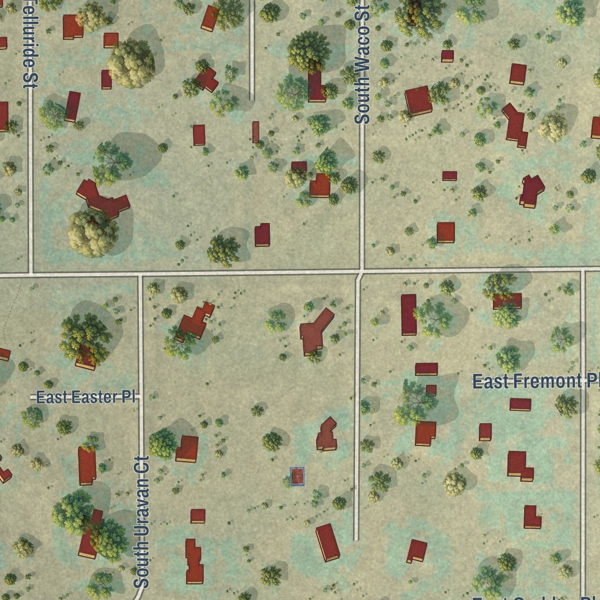 Second close-up of the map of Foxfield, Colorado print showing more streets and buildings