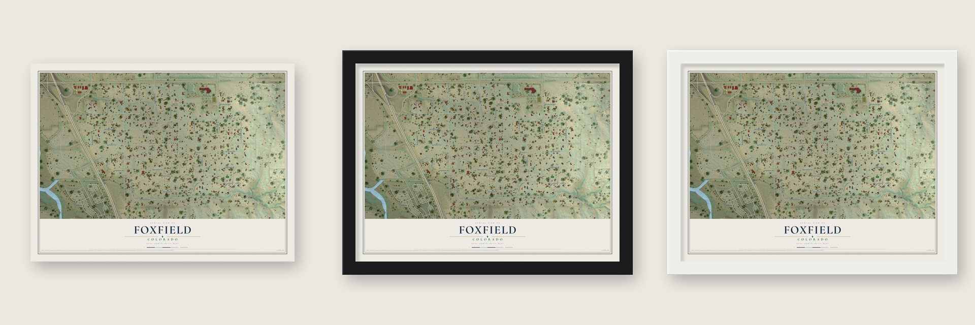 Foxfield, Colorado map unframed, in a black wood frame and in a white wood frame
