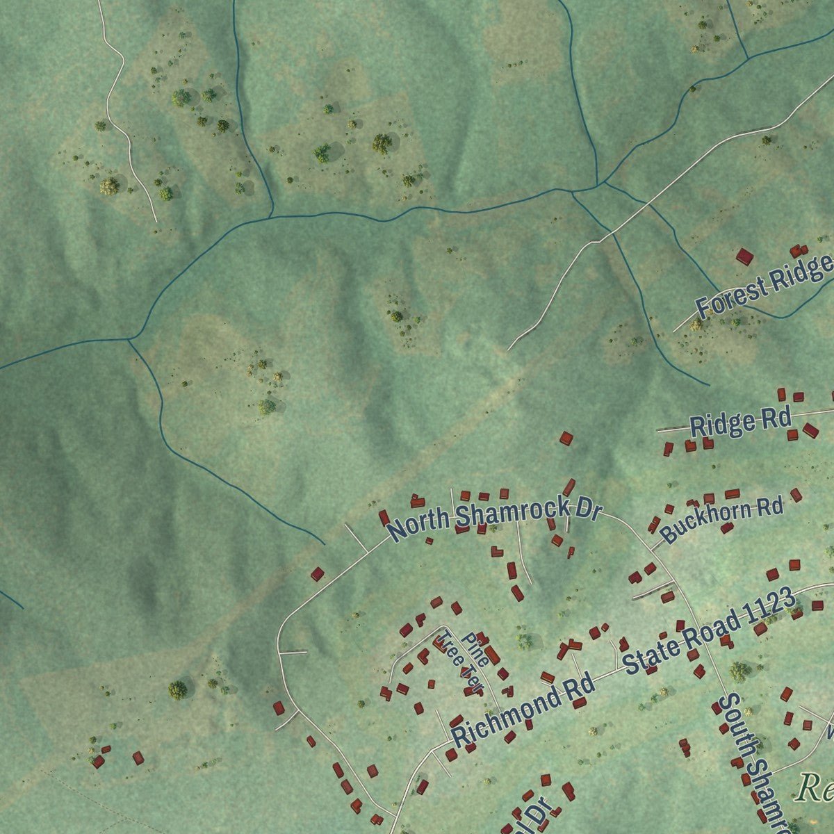 Second close-up of the map of Foxfire, North Carolina print showing more streets and buildings