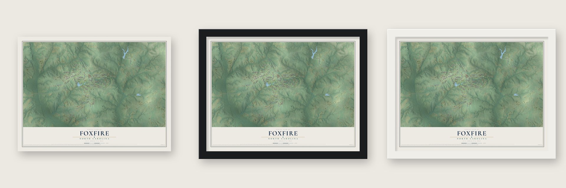 Foxfire, North Carolina map unframed, in a black wood frame and in a white wood frame