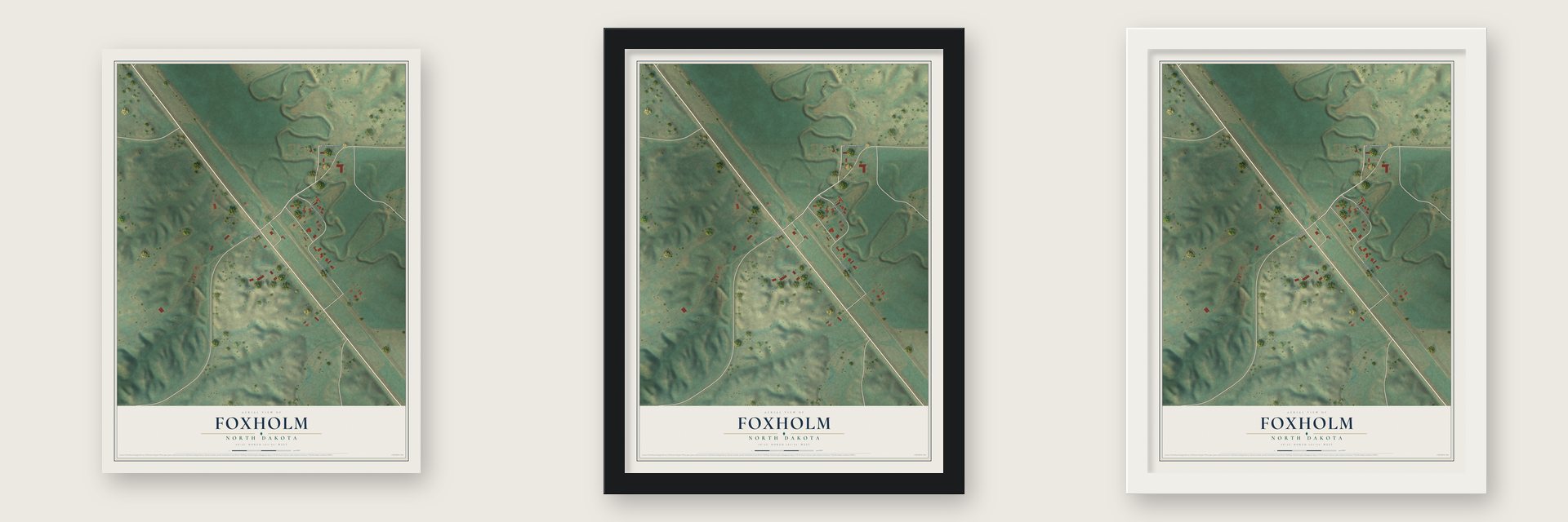 Foxholm, North Dakota map unframed, in a black wood frame and in a white wood frame