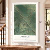 Foxholm, North Dakota map, 24 x 36 inch print in a white frame by a staircase