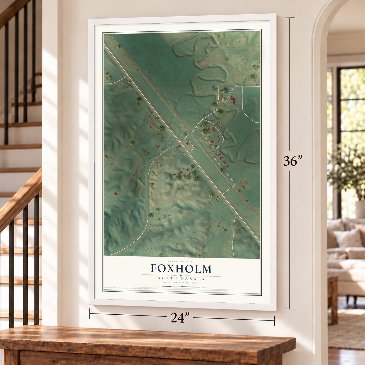 Foxholm, North Dakota map, 24 x 36 inch print in a white frame by a staircase