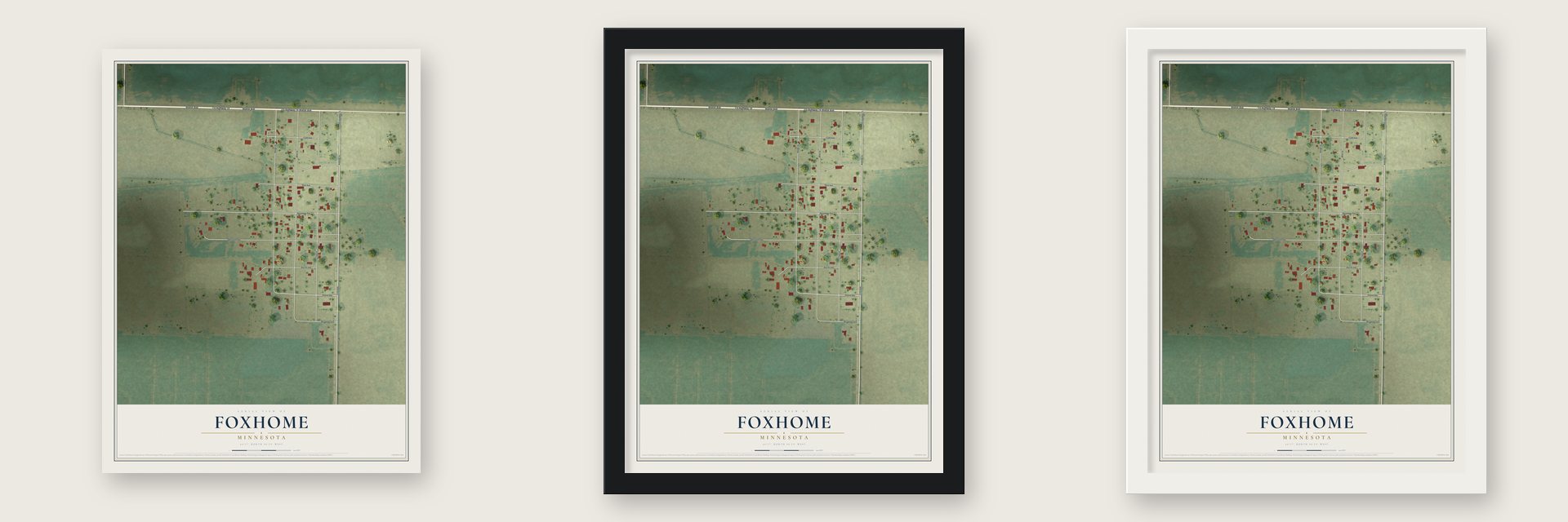 Foxhome, Minnesota map unframed, in a black wood frame and in a white wood frame