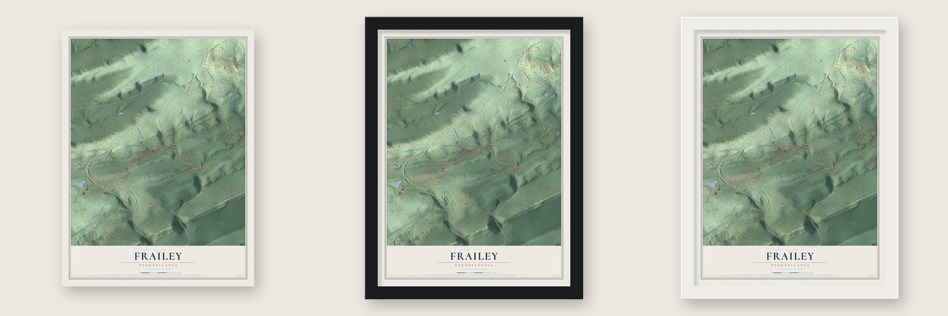 Frailey, Pennsylvania map unframed, in a black wood frame and in a white wood frame