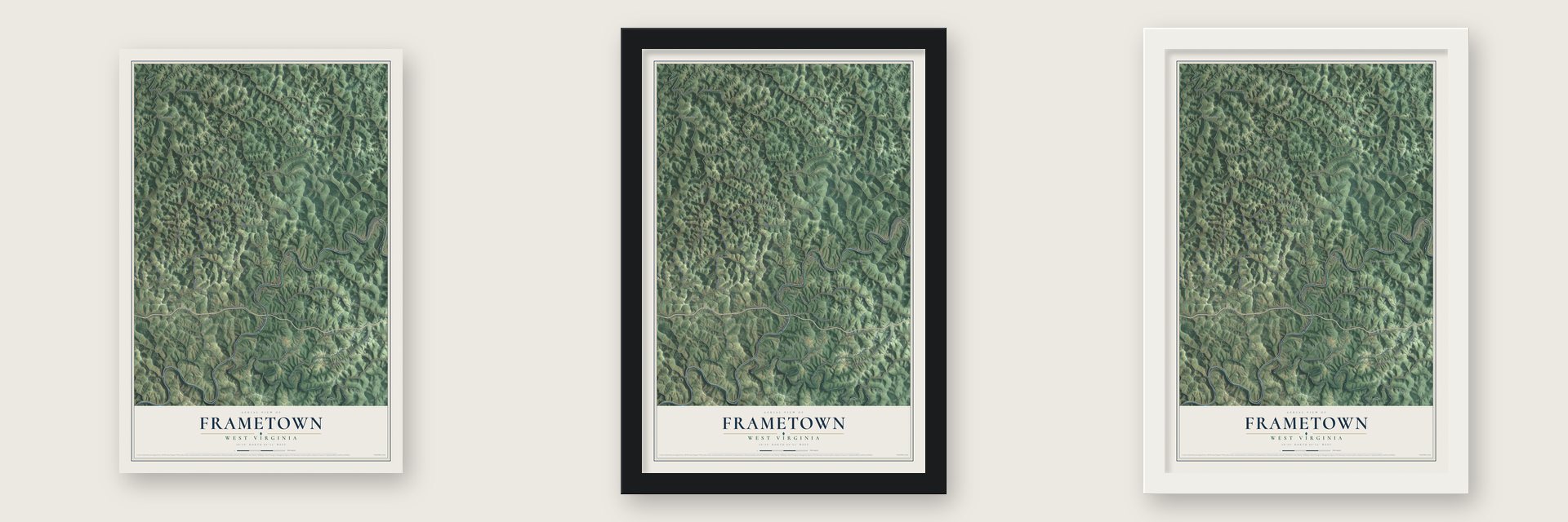 Frametown, West Virginia map unframed, in a black wood frame and in a white wood frame