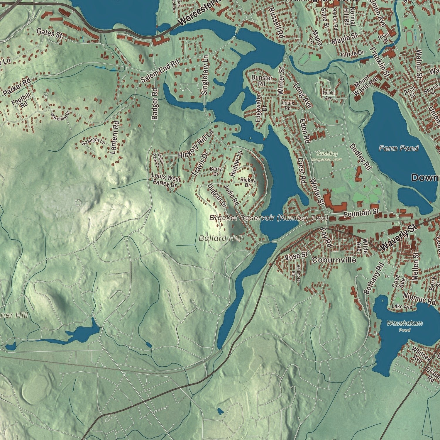 Close-up of the map of Framingham, Massachusetts print showing terrain and local geography