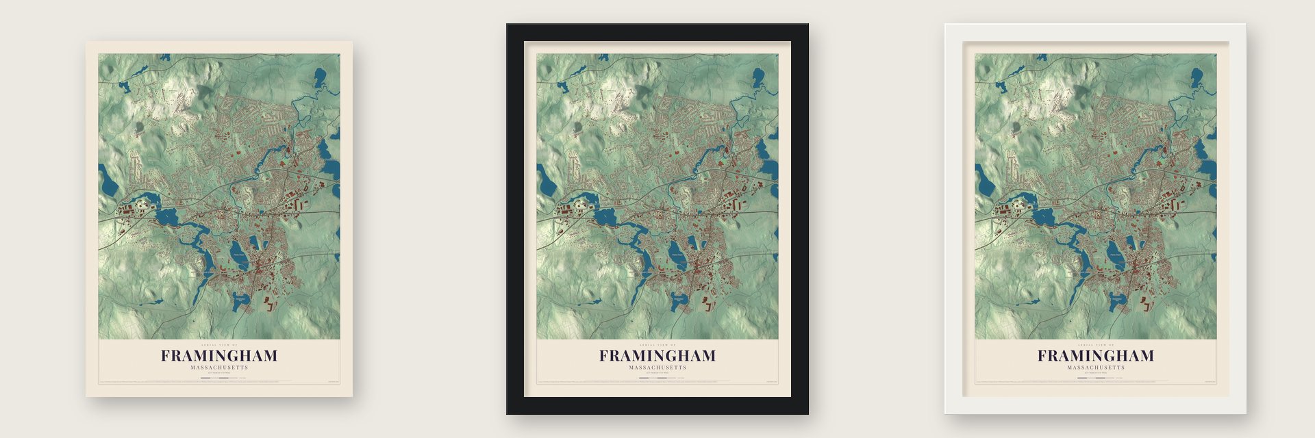 Framingham, Massachusetts map unframed, in a black wood frame and in a white wood frame