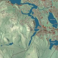 Close-up of the map of Framingham, Massachusetts print showing terrain and local geography