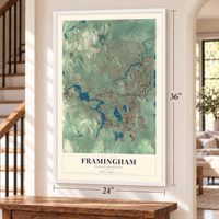 Framingham, Massachusetts map, 24 x 36 inch print in a white frame by a staircase