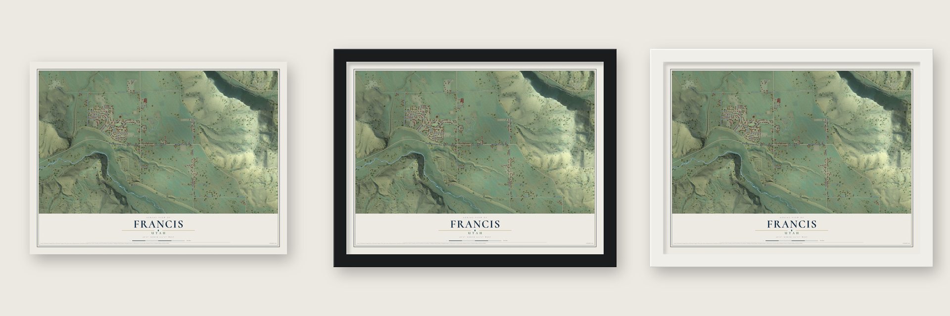 Francis, Utah map unframed, in a black wood frame and in a white wood frame