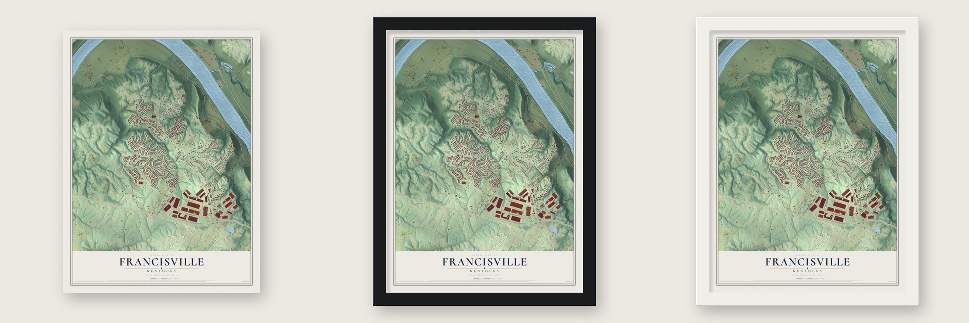 Francisville, Kentucky map unframed, in a black wood frame and in a white wood frame