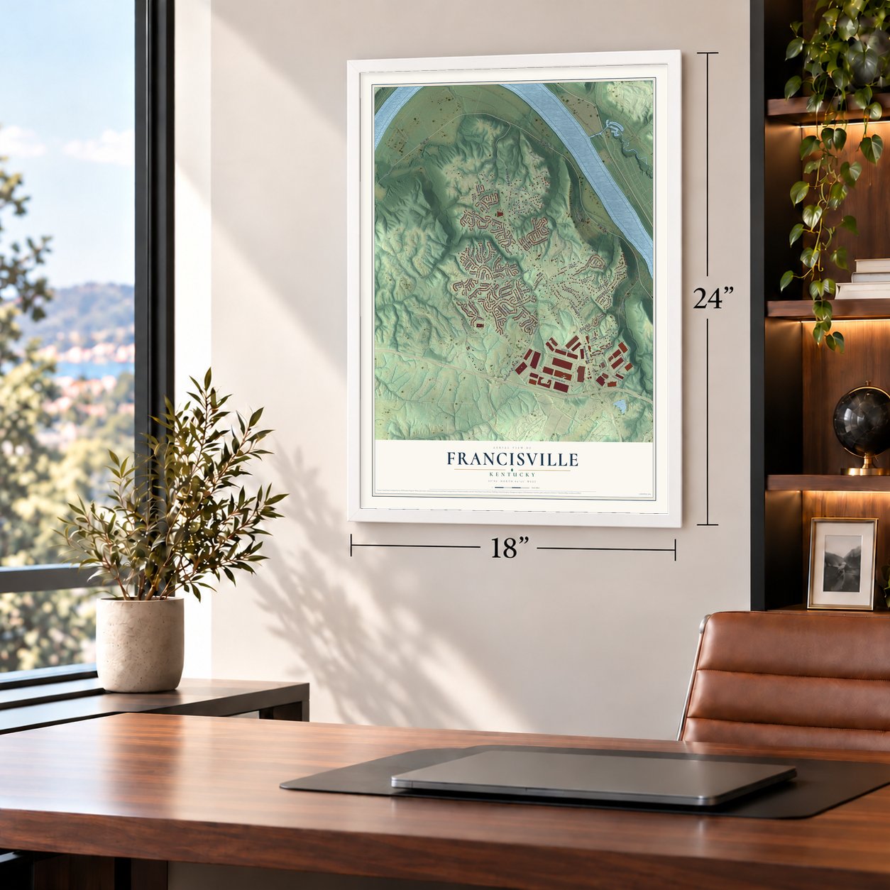 Francisville, Kentucky map, 18 x 24 inch print in a white frame in a home office