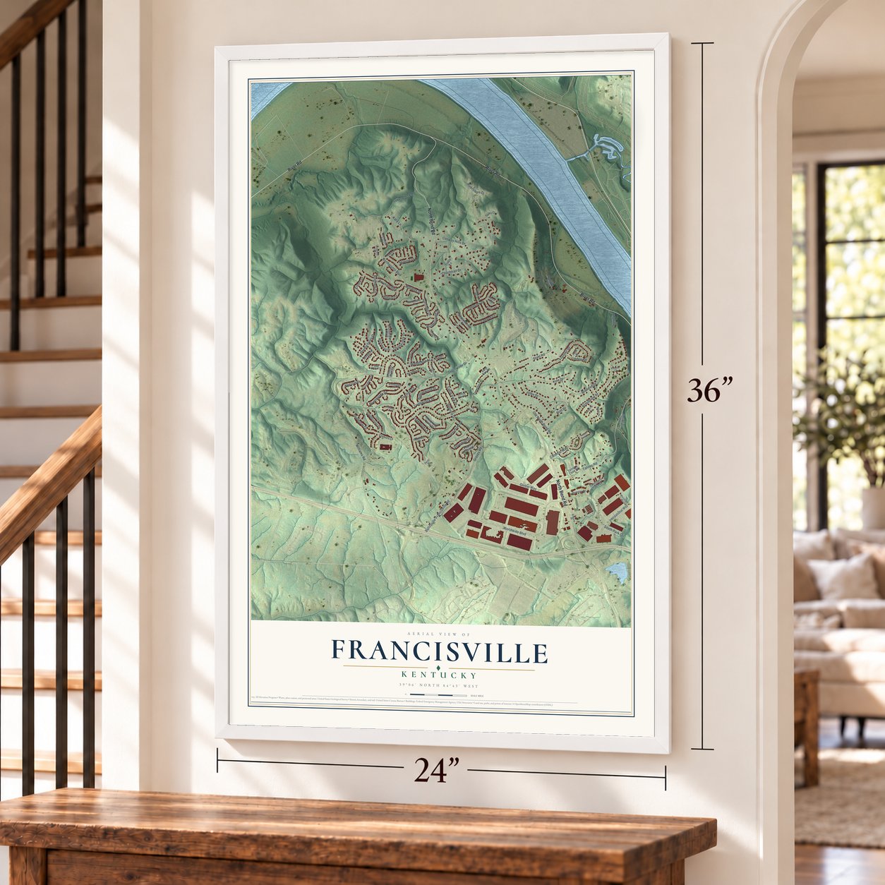 Francisville, Kentucky map, 24 x 36 inch print in a white frame by a staircase