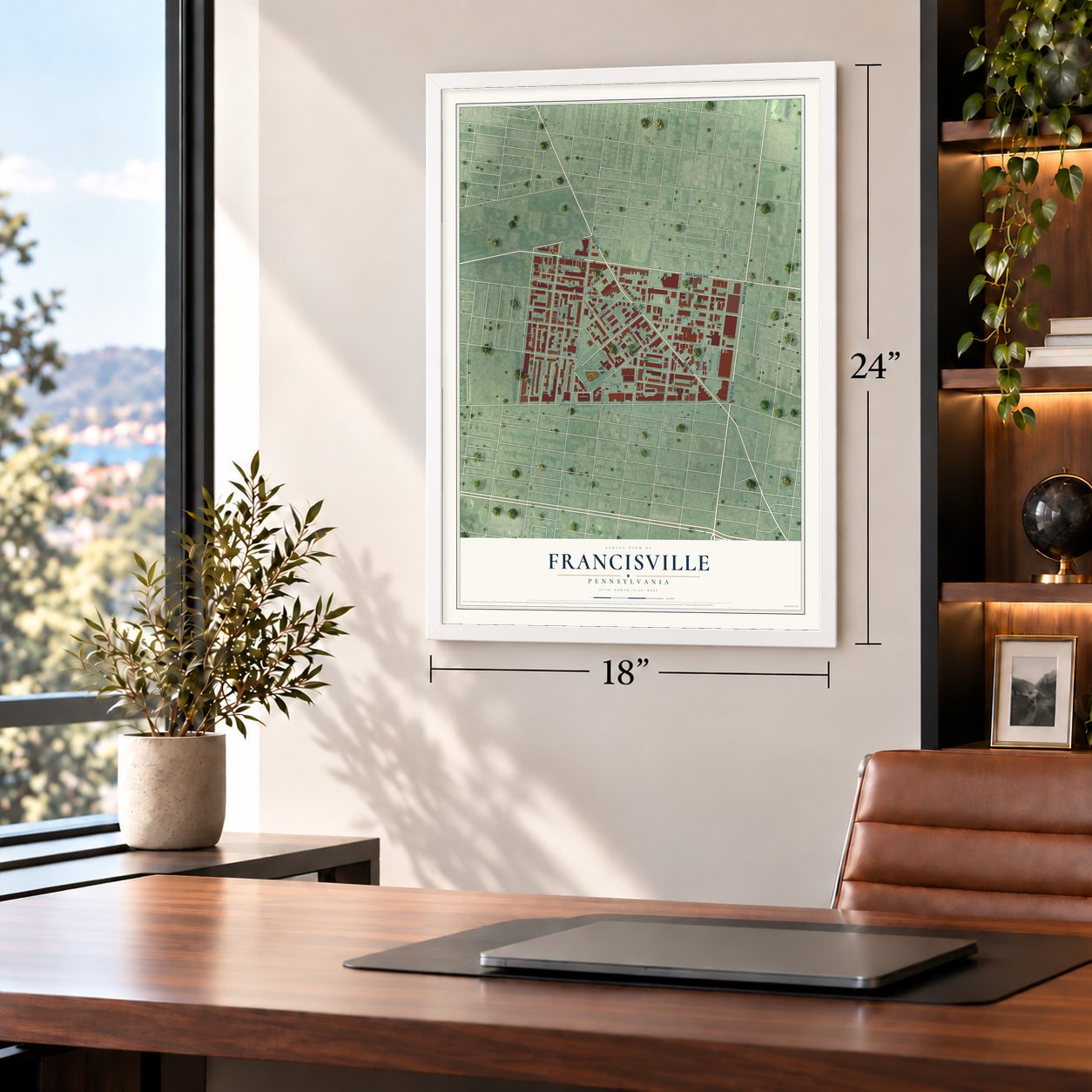 Francisville, Pennsylvania map, 18 x 24 inch print in a white frame in a home office