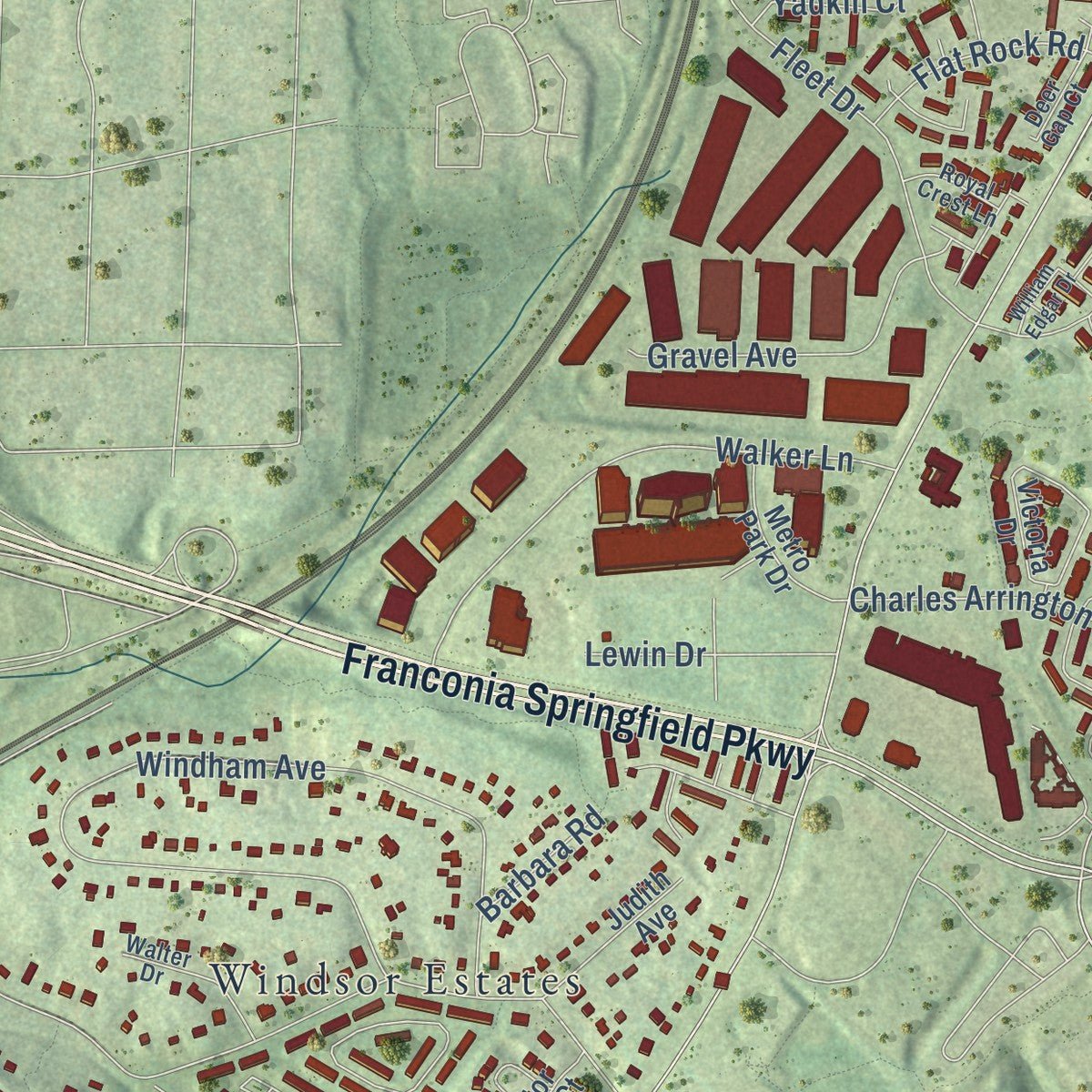 Second close-up of the map of Franconia, Virginia print showing more streets and buildings