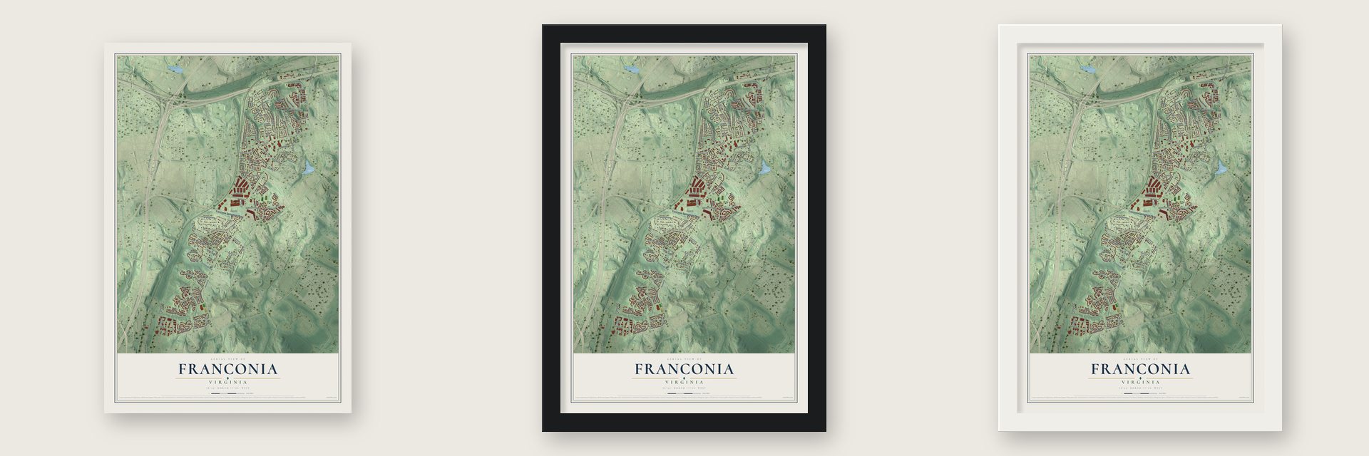 Franconia, Virginia map unframed, in a black wood frame and in a white wood frame