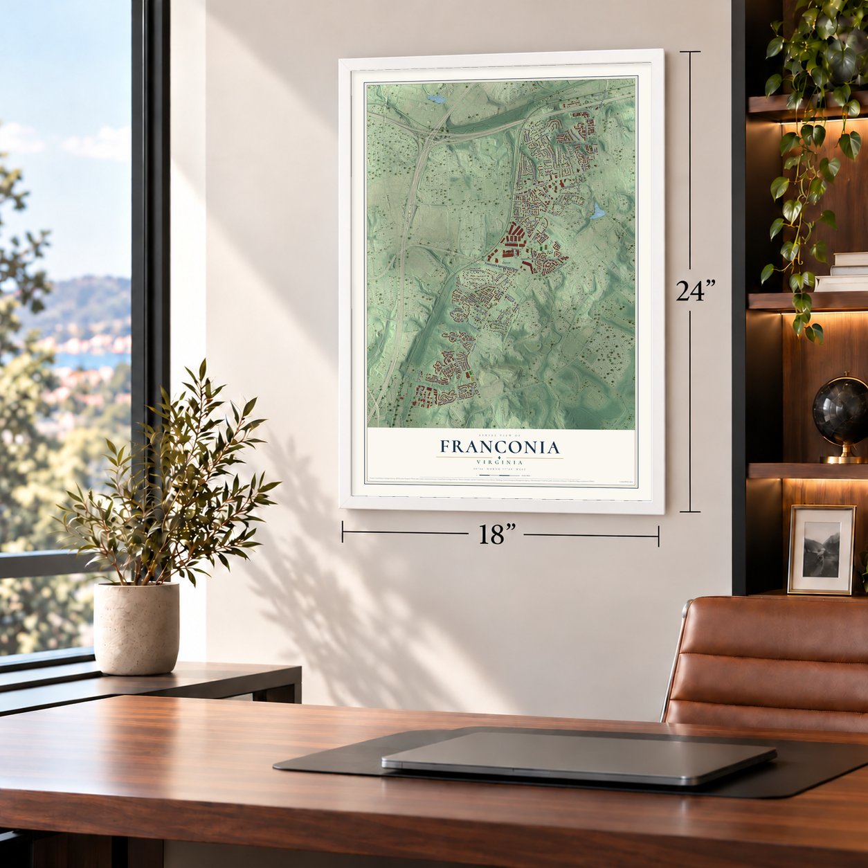 Franconia, Virginia map, 18 x 24 inch print in a white frame in a home office