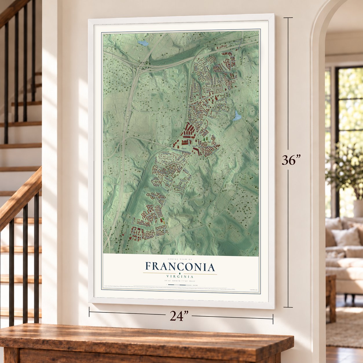 Franconia, Virginia map, 24 x 36 inch print in a white frame by a staircase
