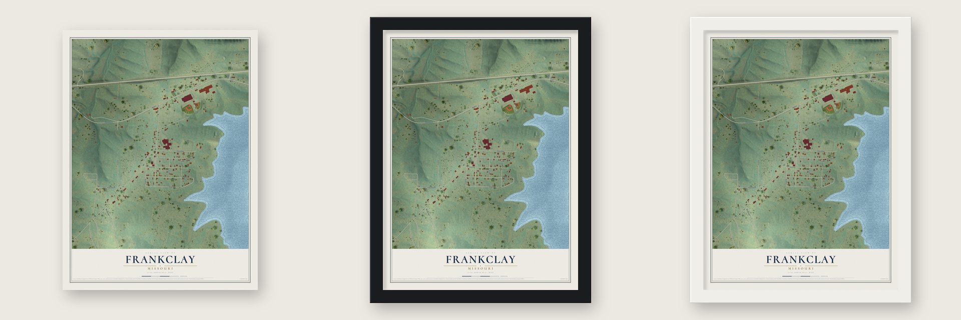 Frankclay, Missouri map unframed, in a black wood frame and in a white wood frame