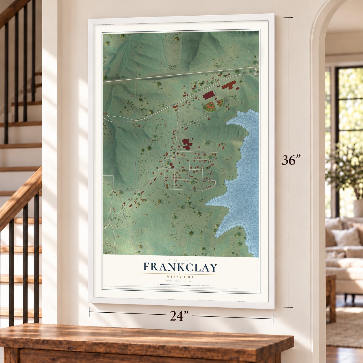 Frankclay, Missouri map, 24 x 36 inch print in a white frame by a staircase