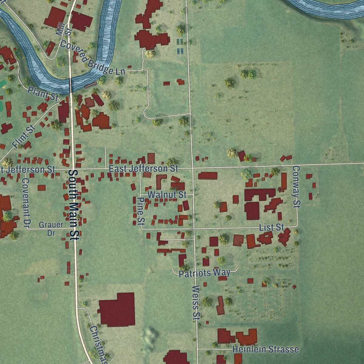 Second close-up of the map of Frankenmuth, Michigan print showing more streets and buildings