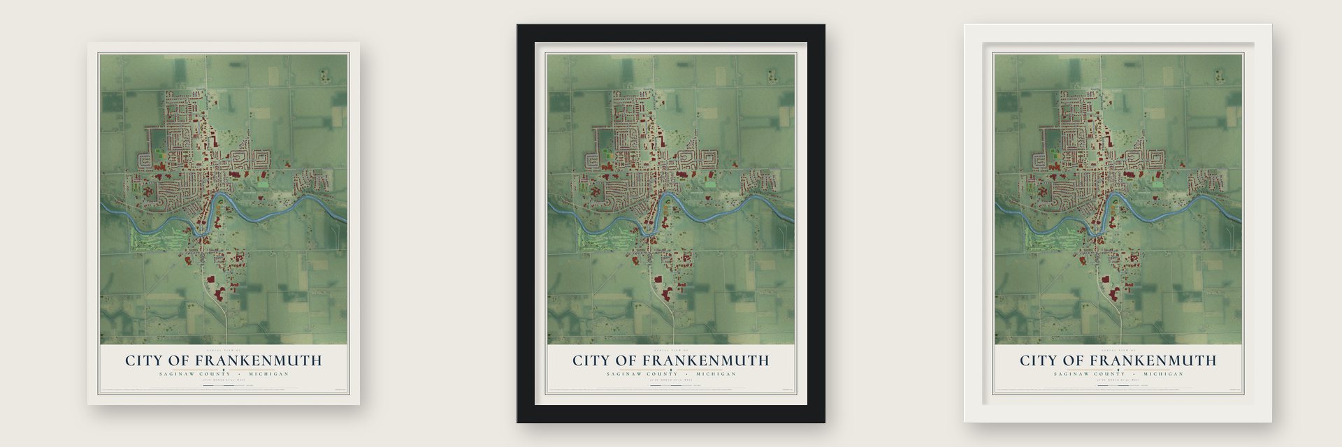 Frankenmuth, Michigan map unframed, in a black wood frame and in a white wood frame