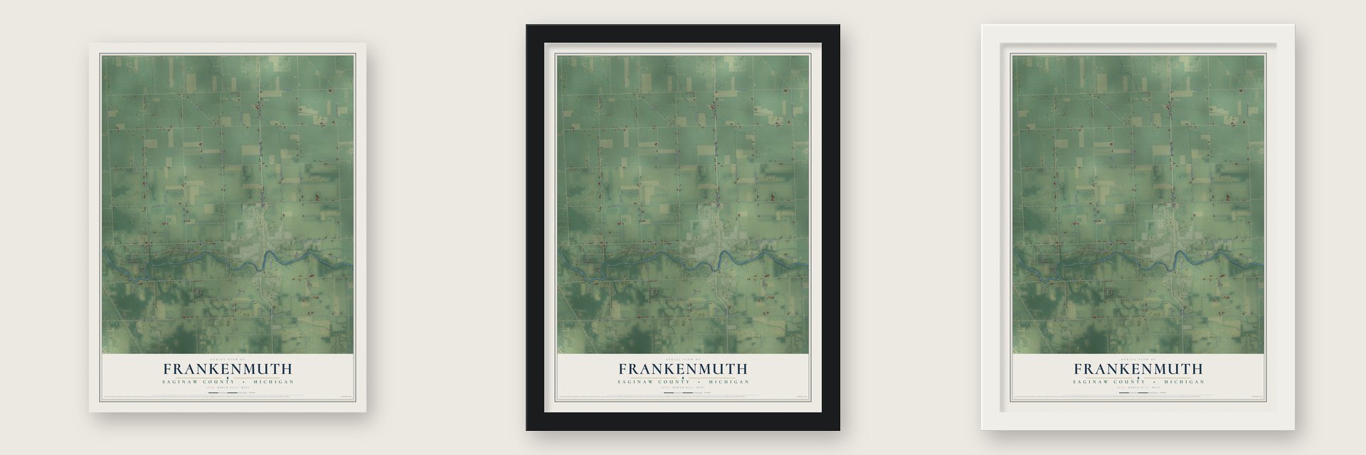 Frankenmuth, Saginaw County, Michigan map unframed, in a black wood frame and in a white wood frame