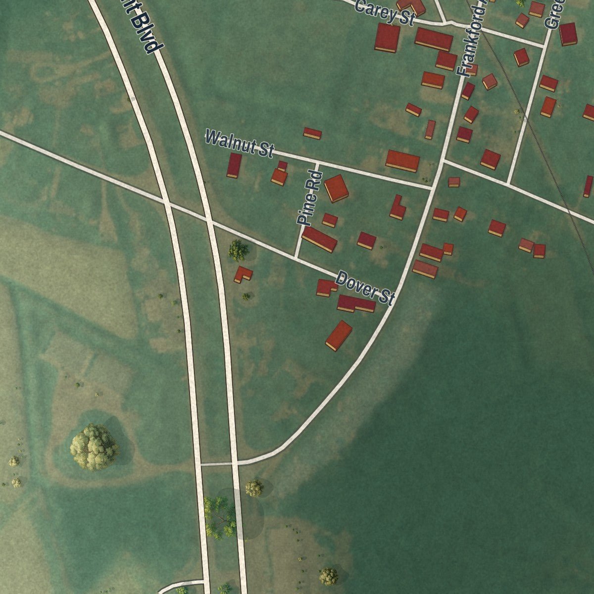 Second close-up of the map of Frankford, Delaware print showing more streets and buildings