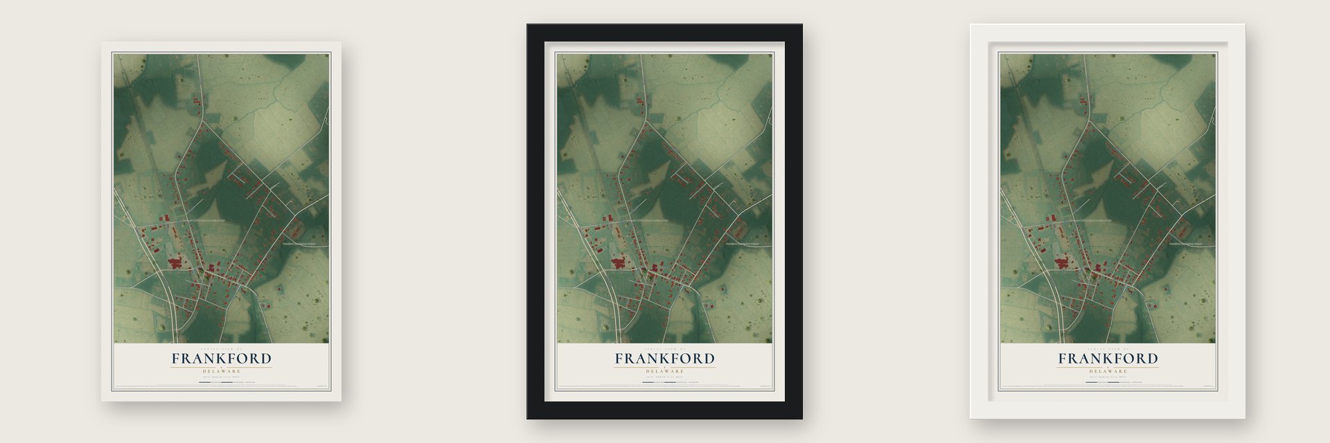 Frankford, Delaware map unframed, in a black wood frame and in a white wood frame