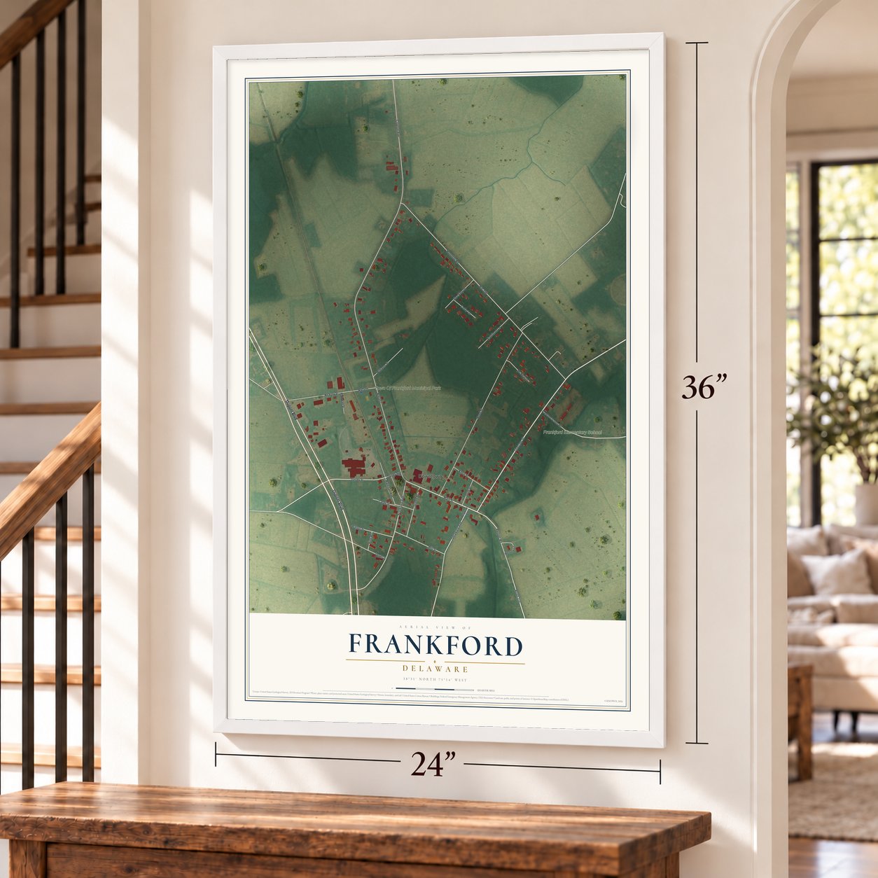 Frankford, Delaware map, 24 x 36 inch print in a white frame by a staircase