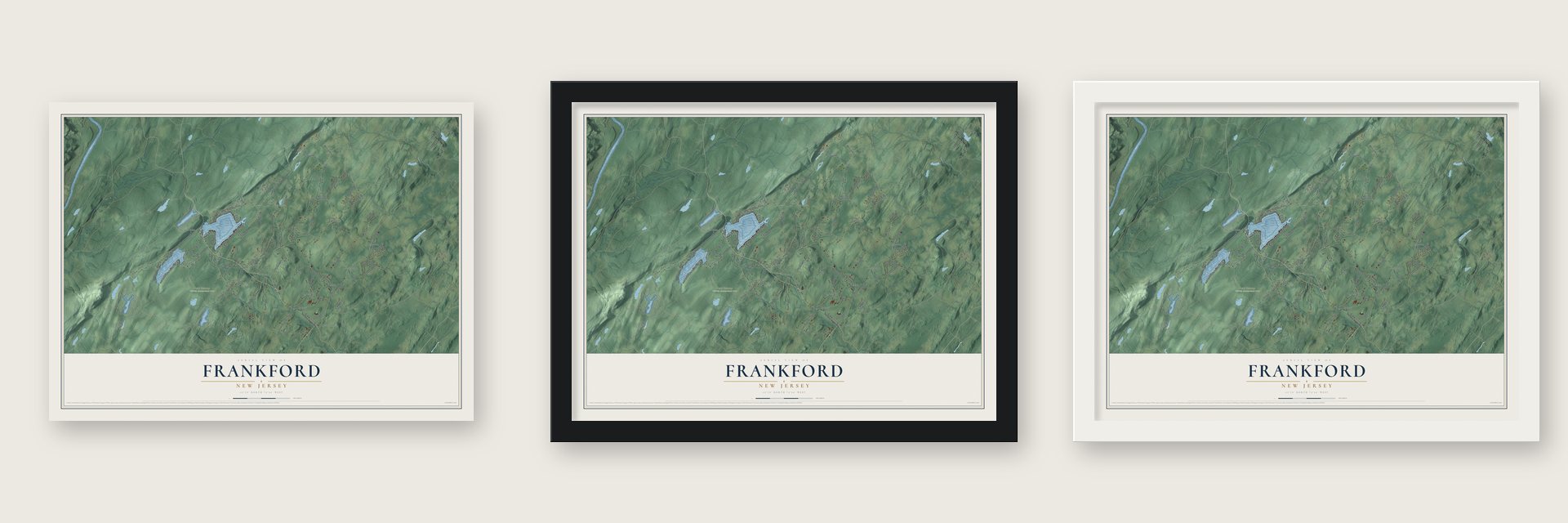 Frankford, New Jersey map unframed, in a black wood frame and in a white wood frame