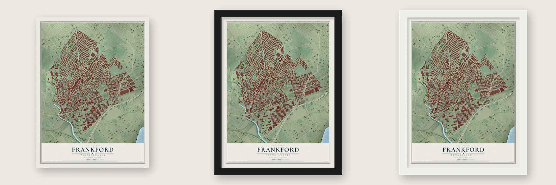 Frankford, Pennsylvania map unframed, in a black wood frame and in a white wood frame