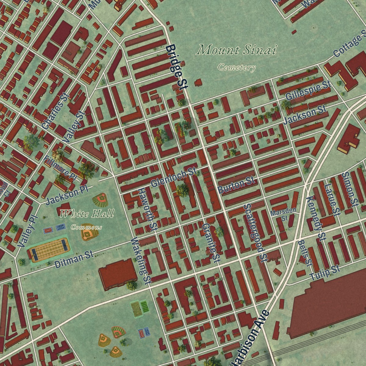 Second close-up of the map of Frankford, Pennsylvania print showing more streets and buildings