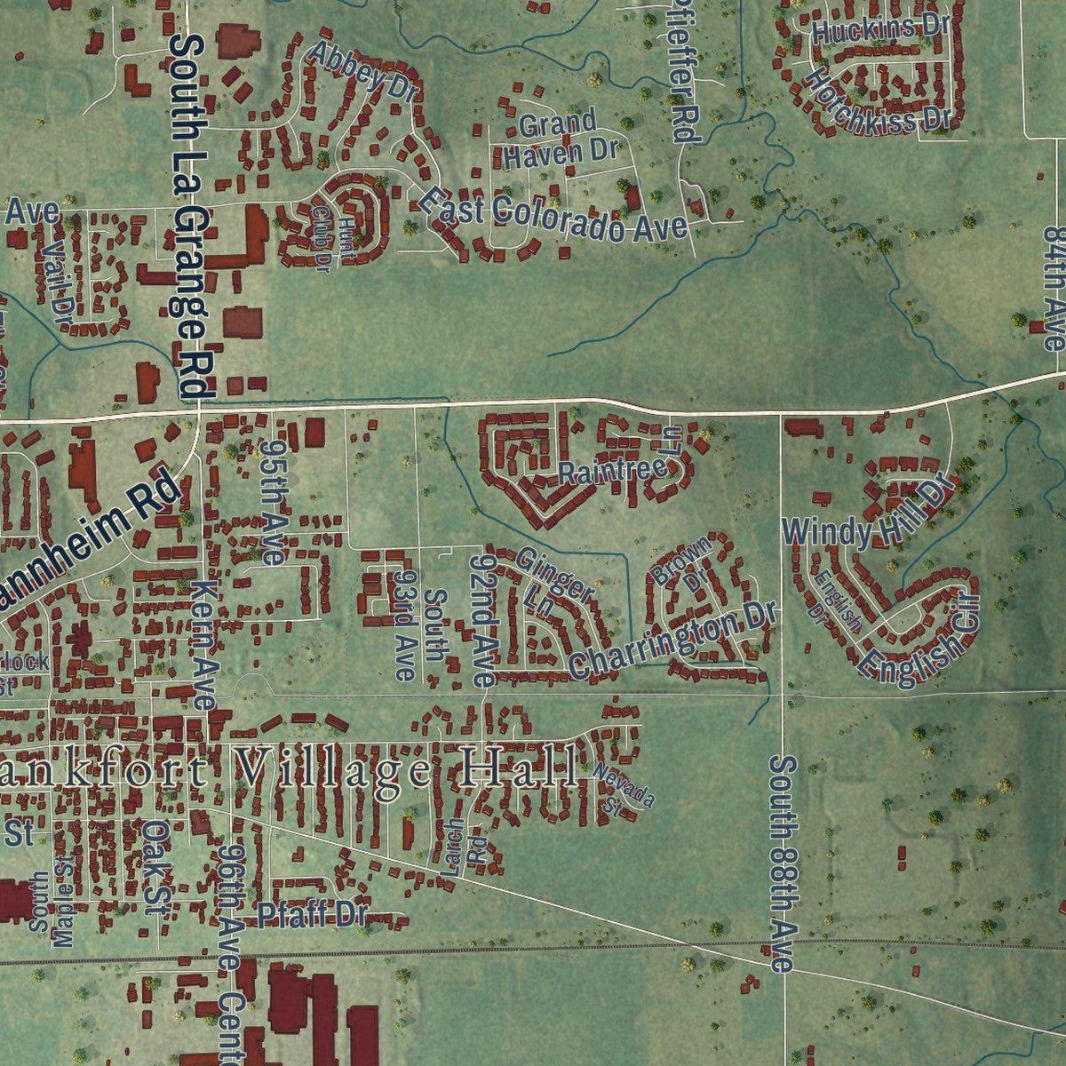 Second close-up of the map of Frankfort, Illinois print showing more streets and buildings