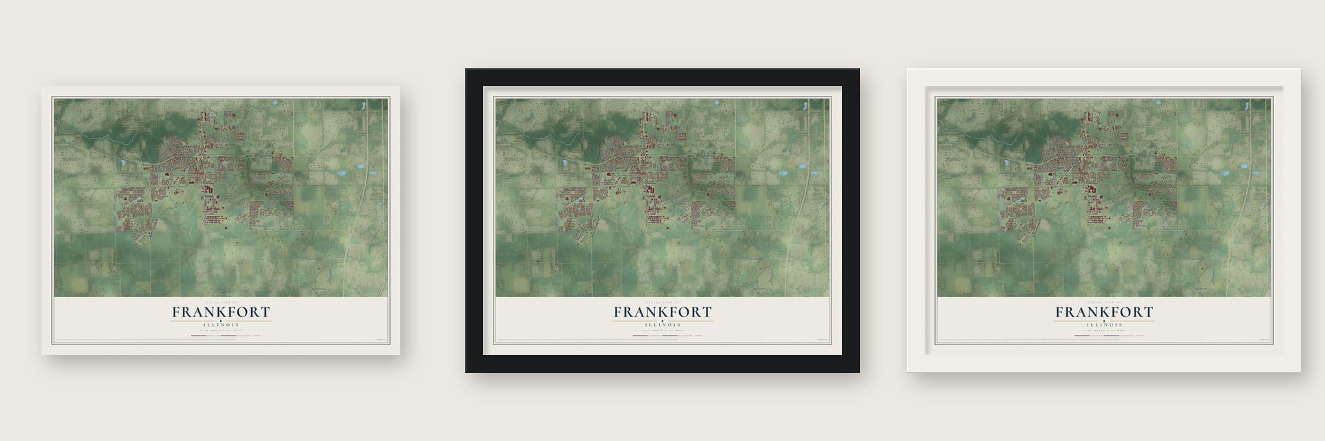 Frankfort, Illinois map unframed, in a black wood frame and in a white wood frame