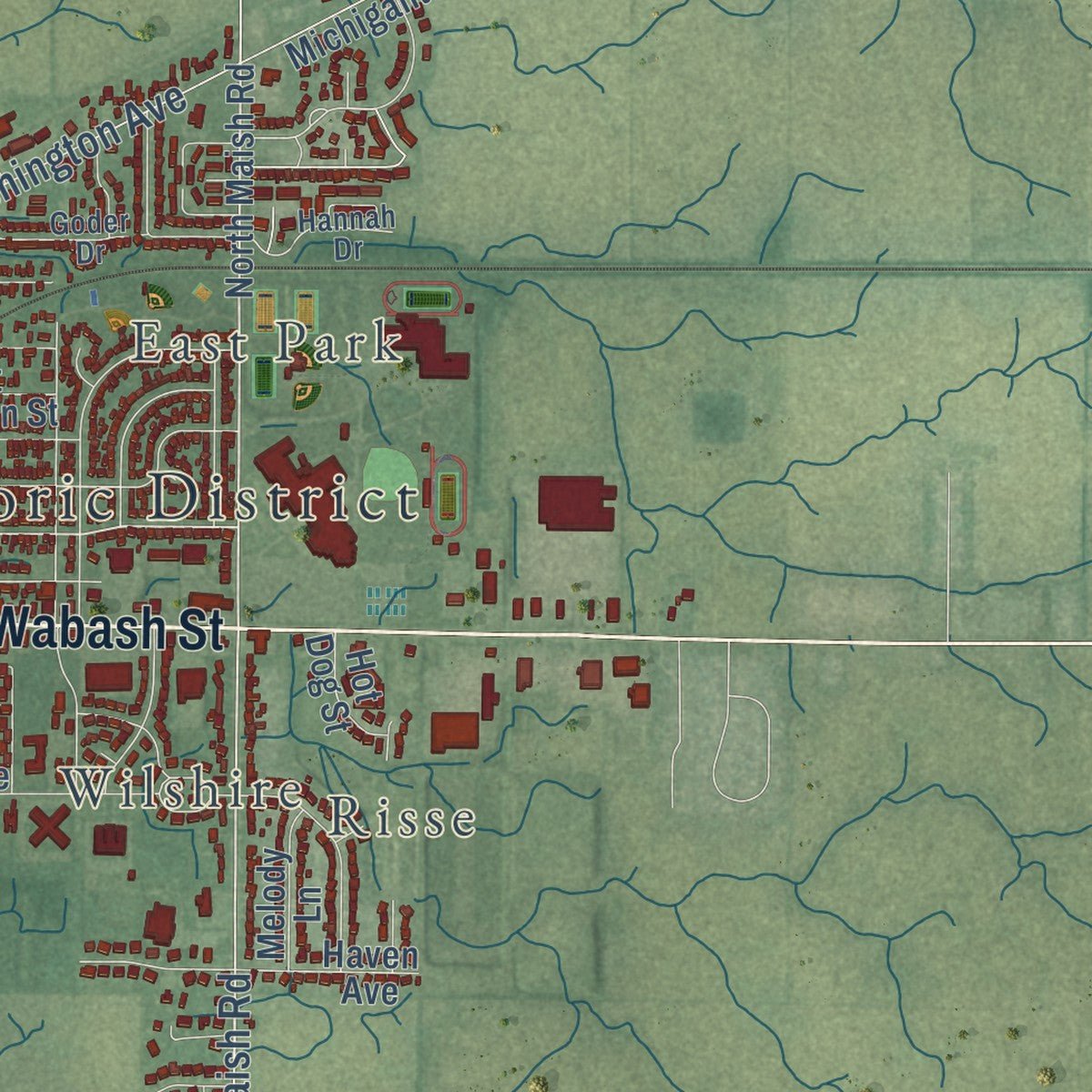 Second close-up of the map of Frankfort, Indiana print showing more streets and buildings