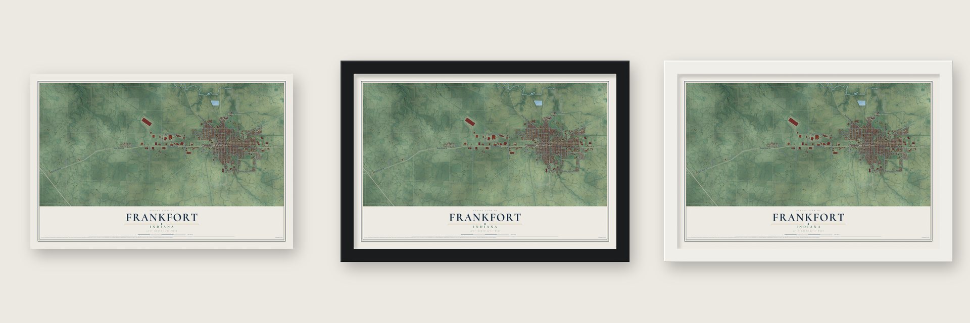 Frankfort, Indiana map unframed, in a black wood frame and in a white wood frame