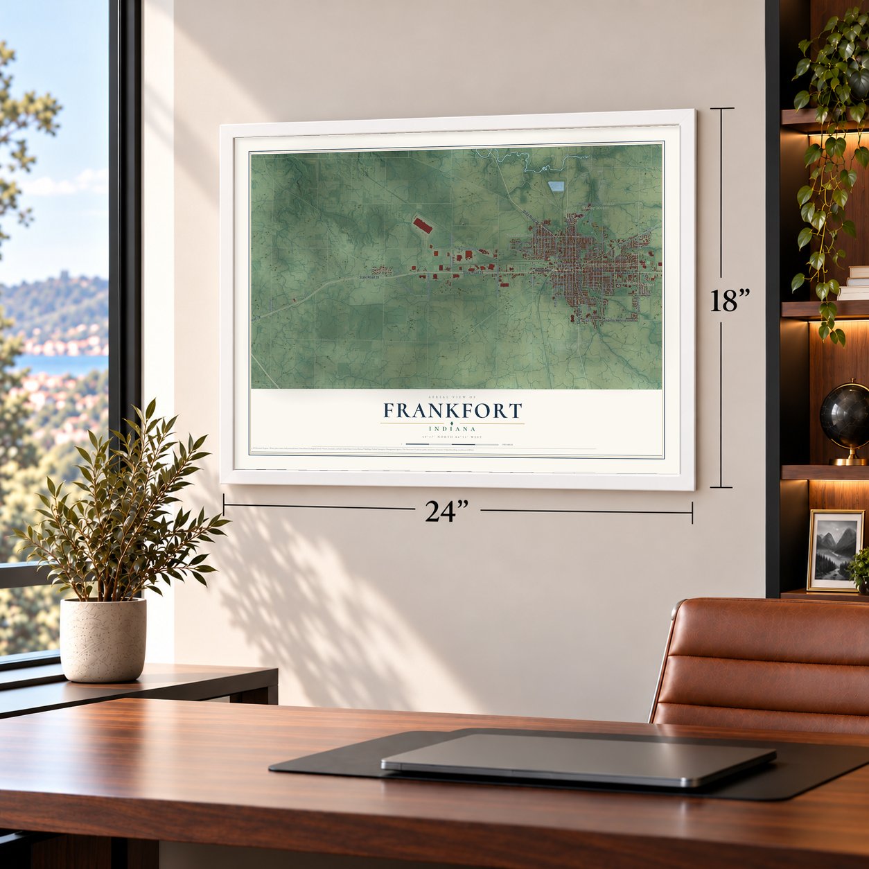 Frankfort, Indiana map, 18 x 24 inch print in a white frame in a home office