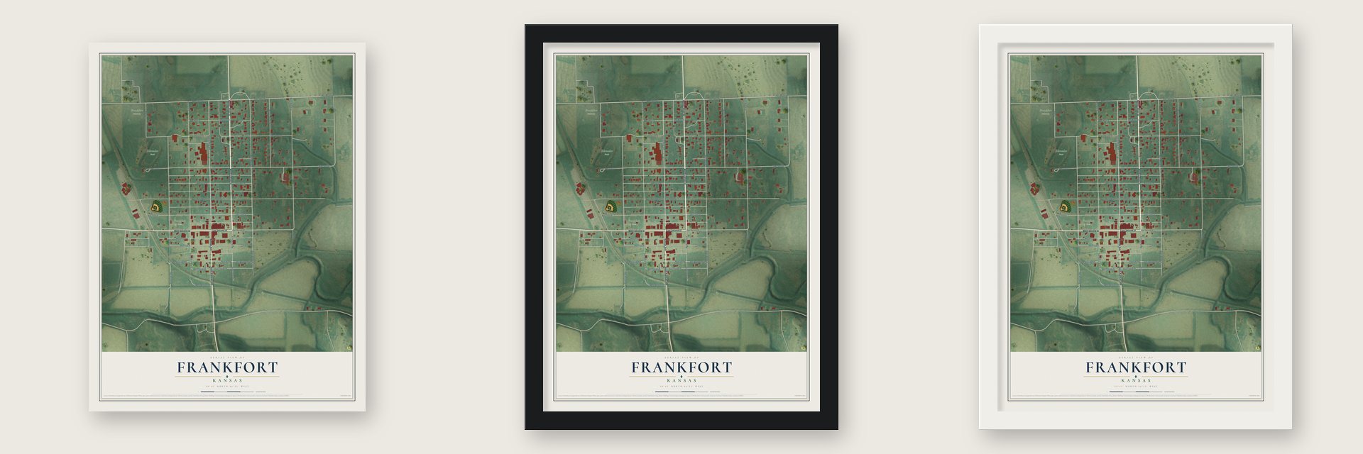 Frankfort, Kansas map unframed, in a black wood frame and in a white wood frame