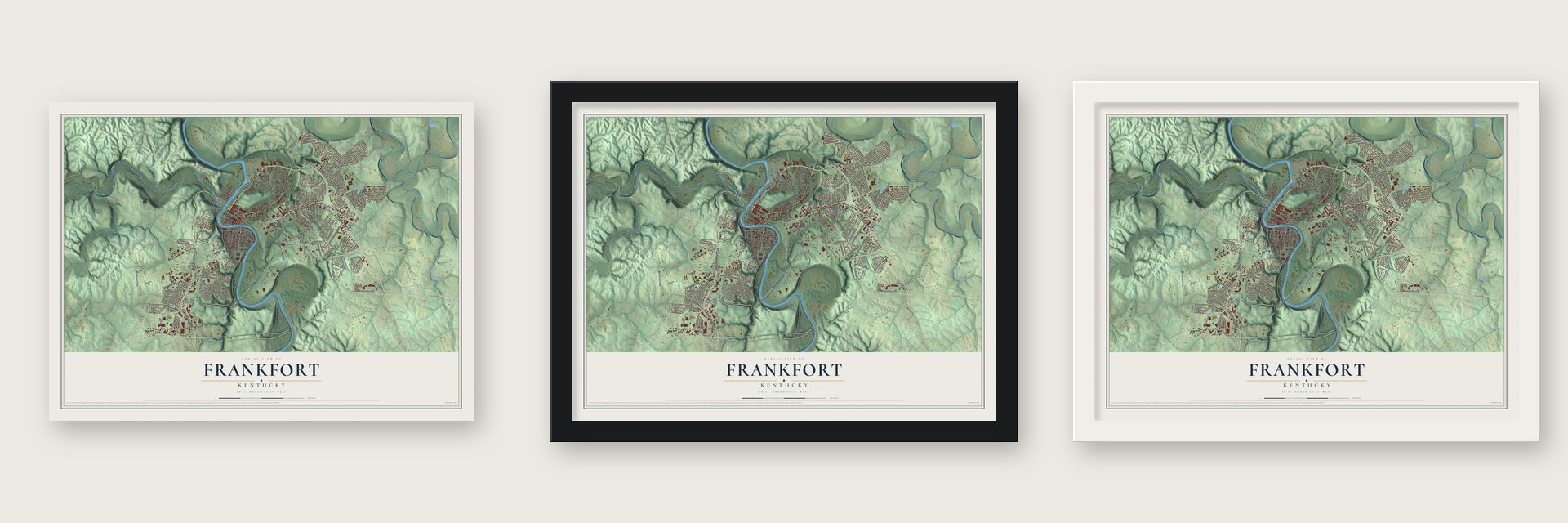 Frankfort, Kentucky map unframed, in a black wood frame and in a white wood frame